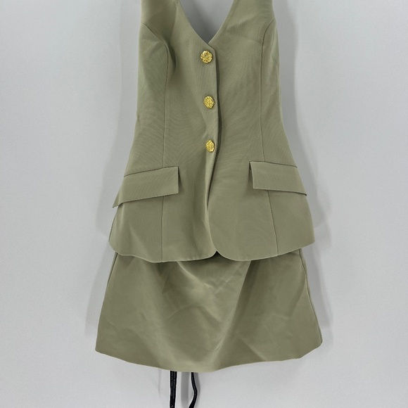RARE LONDON TAILORED HALTERED GOLD BUTTON VEST DETAIL MINI DRESS IN OLIVE GREEN - Picture 9 of 10